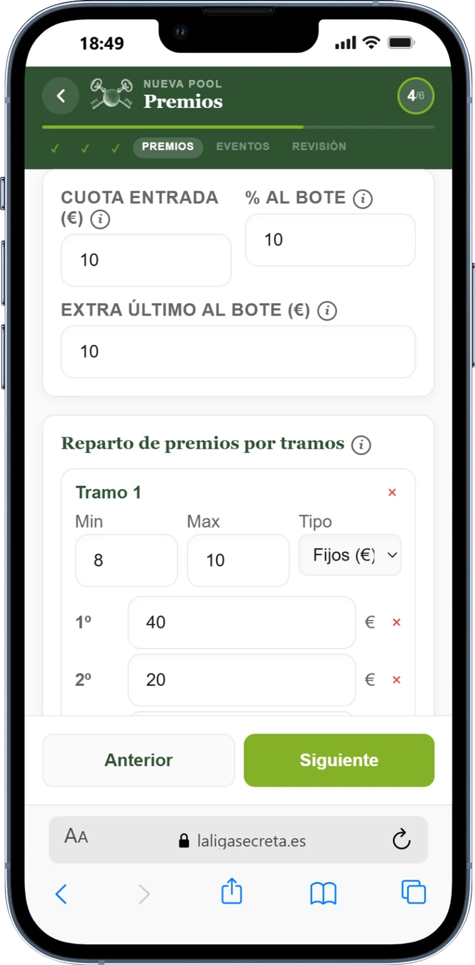 Configuración de premios del pool