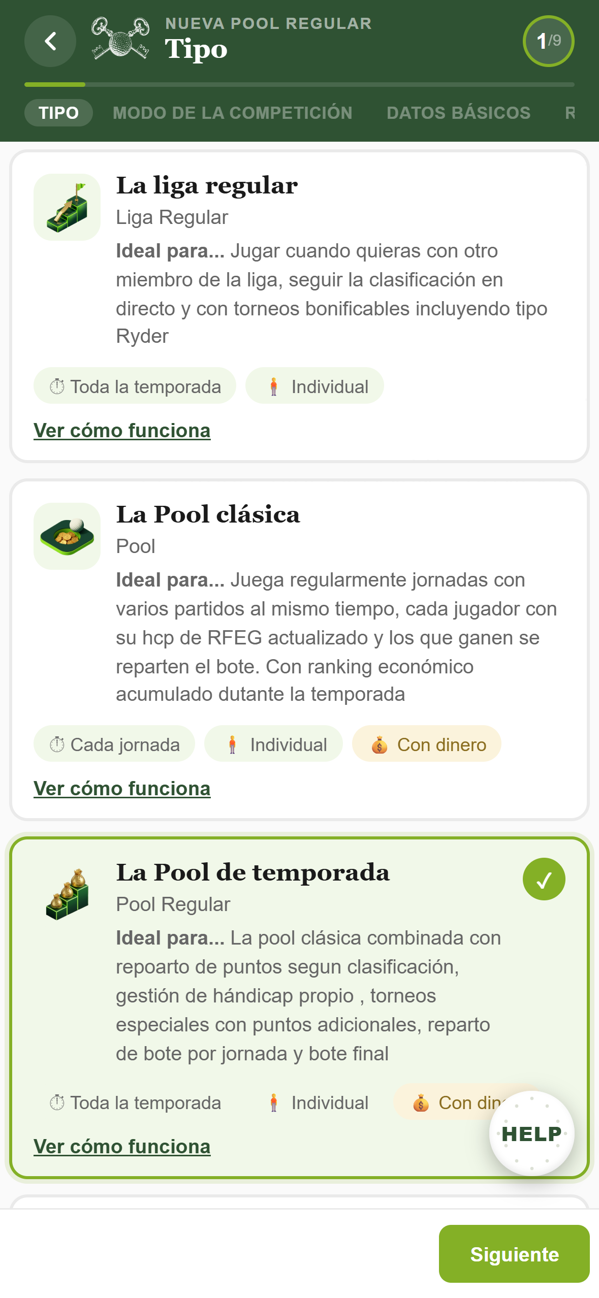 Paso 1 del asistente: elegir entre Liga Regular, Pool y Pool Regular