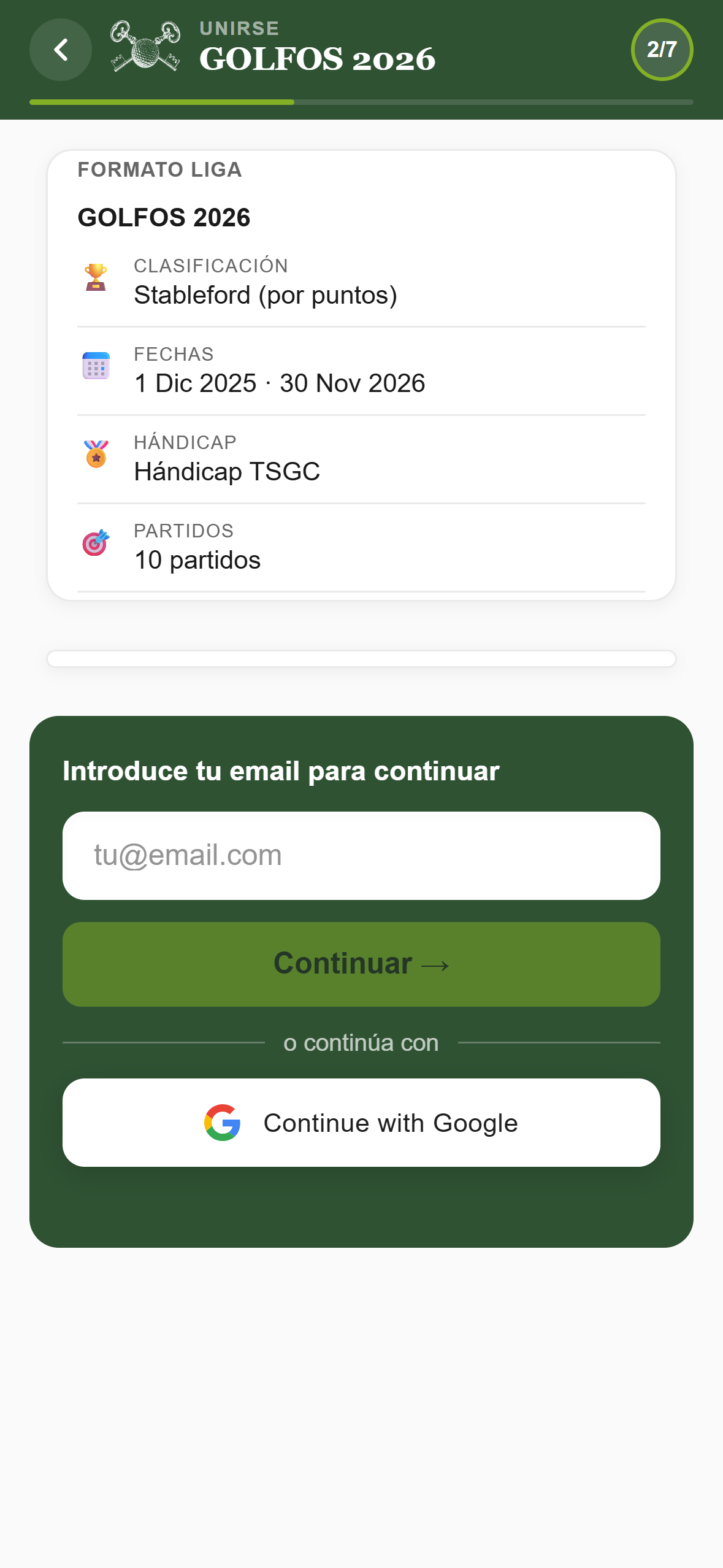 Vista previa de la competición e introducción de email
