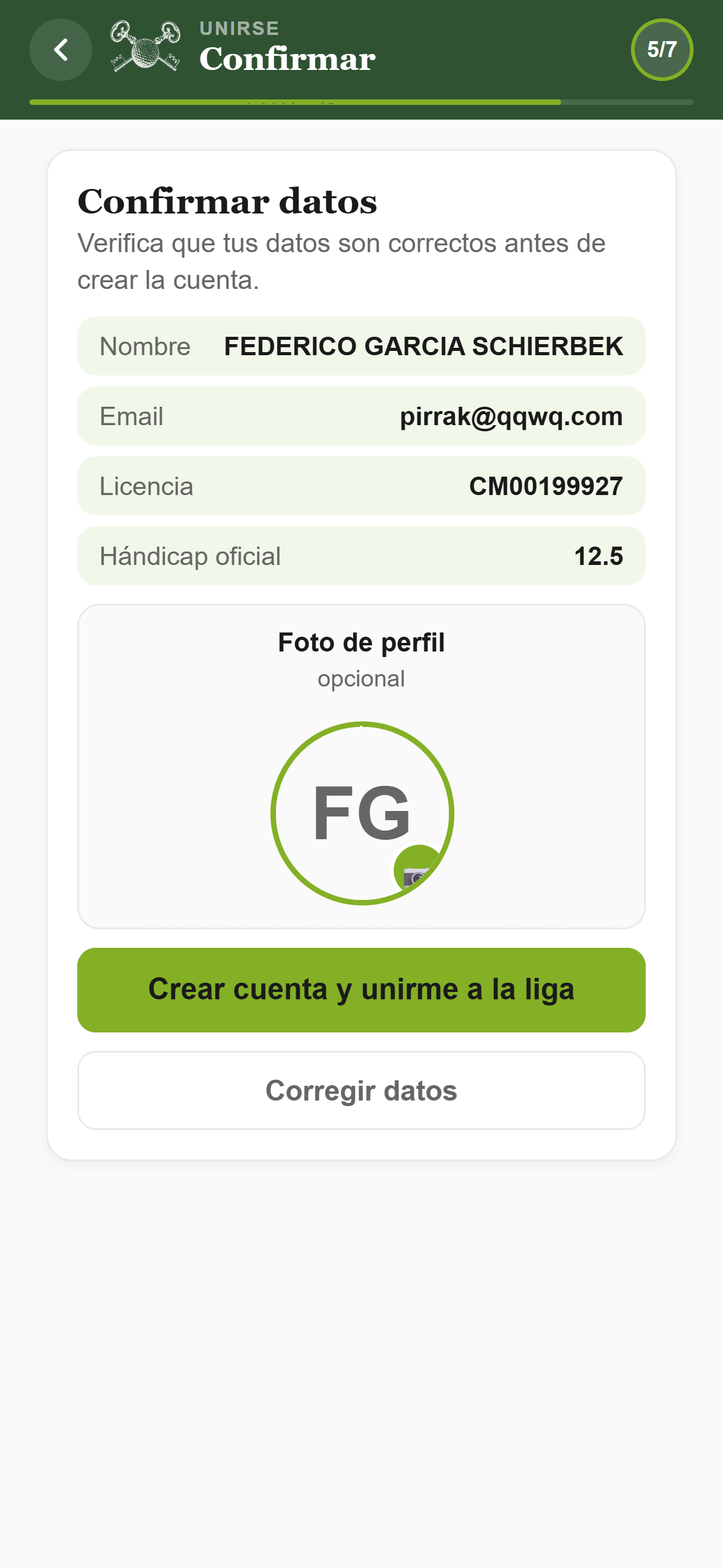 Confirmar datos y crear cuenta